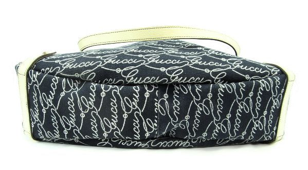 GUCCI ロゴキャンバス トートバッグ 中古  グッチ レザー ネイビー ストライプ