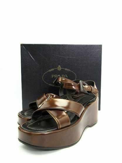 PRADA/プラダ 厚底フラットサンダル 約23cm 中古 エナメル ブラウン ベルト べっ甲