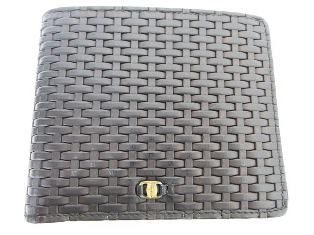 Ferragamo/フェラガモ ヴァラ 編み込み二つ折り札入れ 中古  ブラック 竹 バンブー レザー