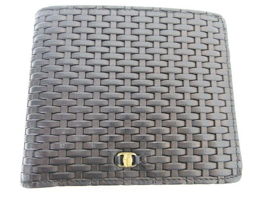 Ferragamo/フェラガモ ヴァラ 編み込み二つ折り札入れ 中古  ブラック 竹 バンブー レザー