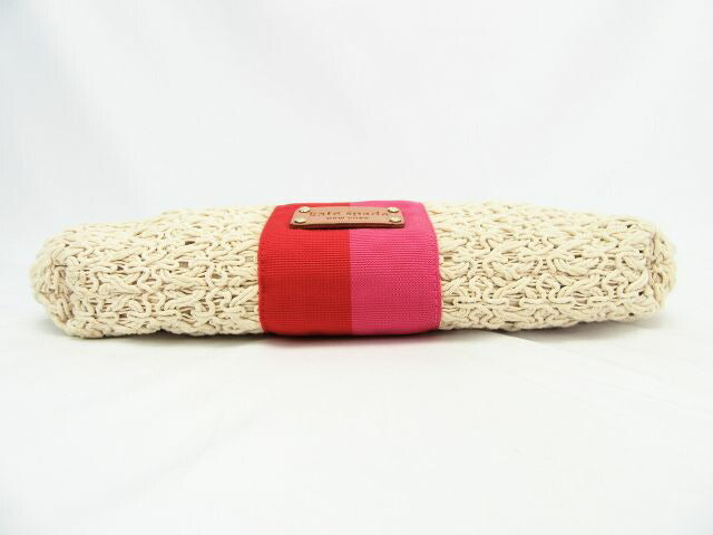 Kate spade/ケイトスペード ラタン編み込みハンドバッグ 中古 鞄 水玉 ドット レッド ピンク 赤 ライン 籐 レディース