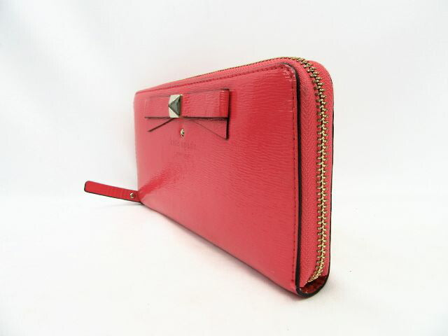 Kate spade/ケイトスペード エナメルラウンドファスナー長財布 中古 ピンク ウォレット リボン レディース