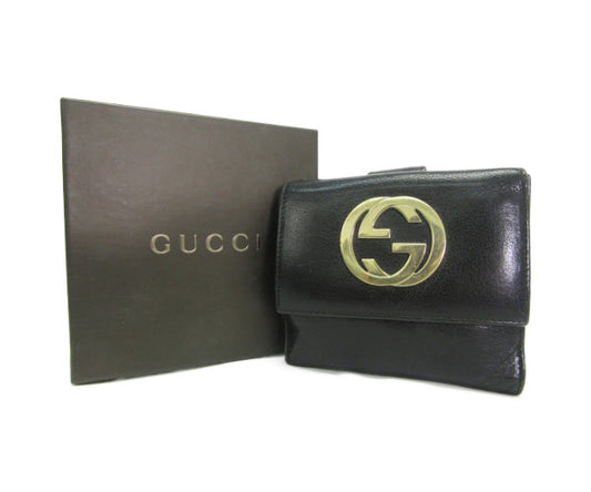 GUCCI/グッチ レザー Wホック財布 中古  ブラック ゴールド GG レディース 2つ折り