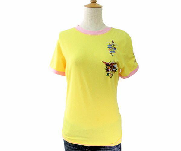 Frankie Morello/フランキーモレロ 半袖 Tシャツ Sサイズ 中古 コットン イエロー スカル ホーク 鷹 骸骨 レディース