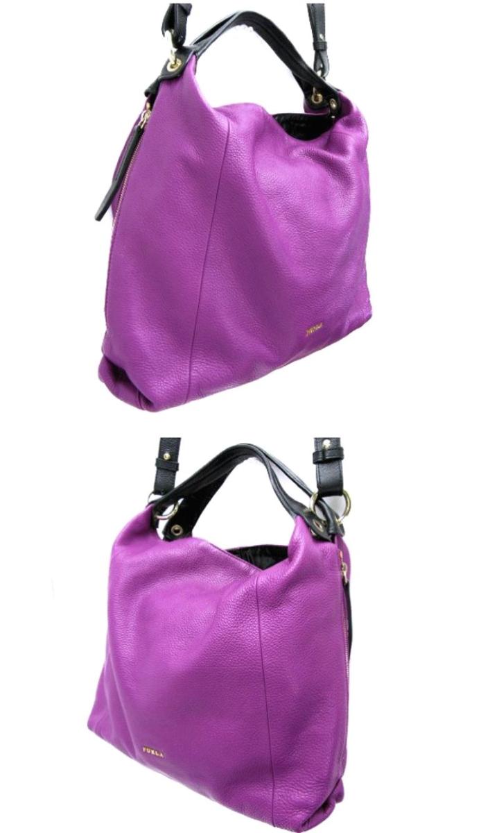 FURLA/フルラ エリザベス ショルダー付 レザー 2WAYバッグ 中古  F5642 パープル ブラック トート レディース 鞄