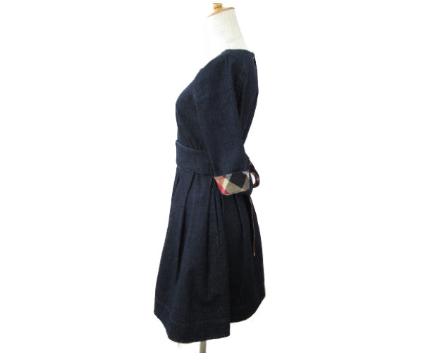 BLUE LABEL CRESTBRIDGE/ブルーレーベル クレストブリッジ コットン 七分 ワンピース 36 中古  デニム ネイビー チェック レッド Aライン レディース
