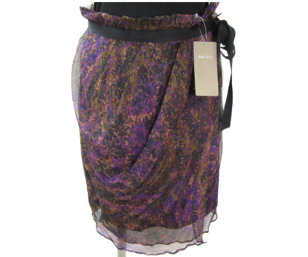 未使用品 BALLSEY/ボールジィ ペチコート付 シルク スカート 38 中古 レディース パープル ブラック オークル マルチカラー 総柄
