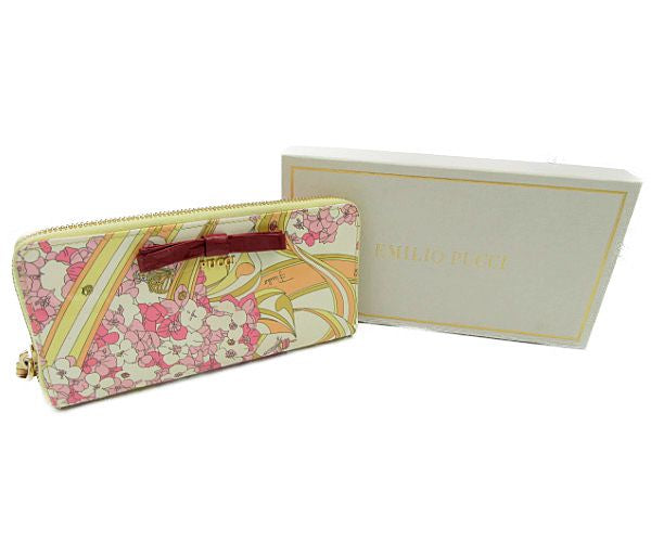 EMILIO PUCCI/エミリオプッチ エナメル ラウンドファスナー 長財布 中古  花柄 フラワー リボン レディース プリント ウォレット 本革