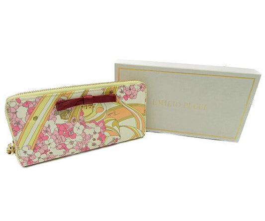 EMILIO PUCCI/エミリオプッチ エナメル ラウンドファスナー 長財布 中古  花柄 フラワー リボン レディース プリント ウォレット 本革