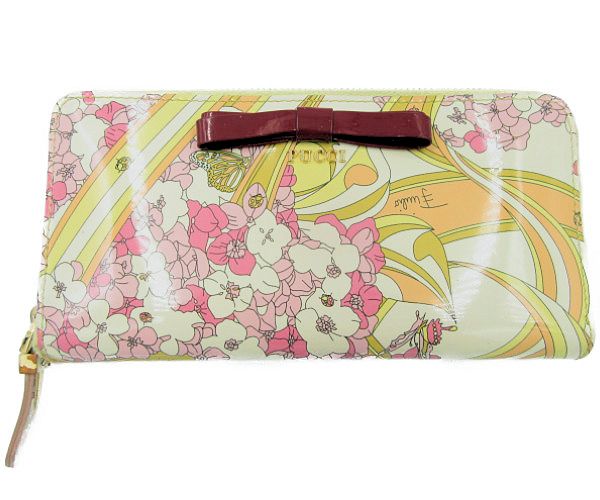 EMILIO PUCCI/エミリオプッチ エナメル ラウンドファスナー 長財布 中古  花柄 フラワー リボン レディース プリント ウォレット 本革