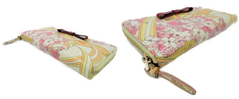 EMILIO PUCCI/エミリオプッチ エナメル ラウンドファスナー 長財布 中古  花柄 フラワー リボン レディース プリント ウォレット 本革
