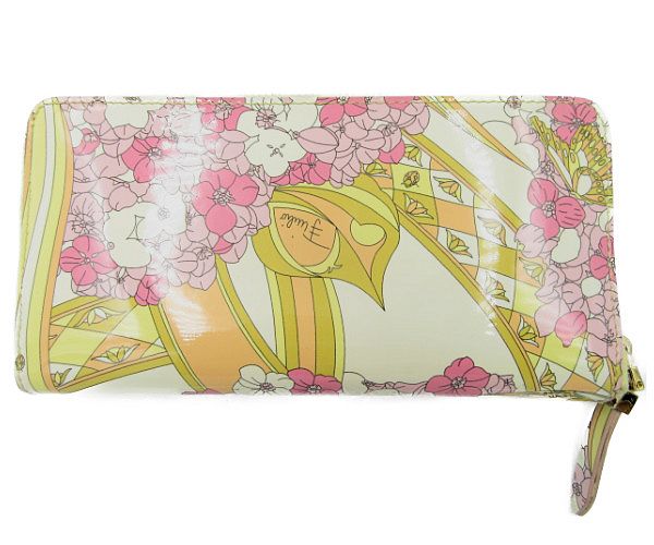EMILIO PUCCI/エミリオプッチ エナメル ラウンドファスナー 長財布 中古  花柄 フラワー リボン レディース プリント ウォレット 本革