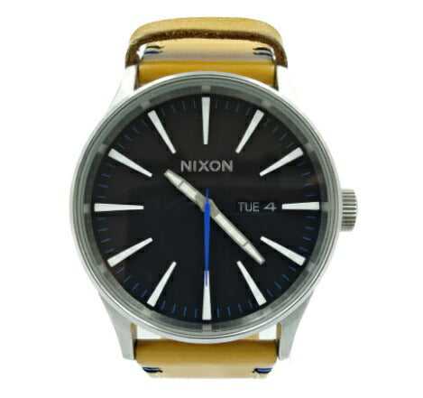 NIXON ニクソン メンズ クォ―ツ 腕時計 100M 防水 中古  レザー ステンレス スチール ライトブラウン ネイビー 紺