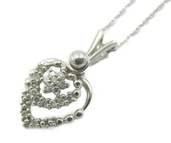 K18WG ダイヤモンド 0.15ct ハート モチーフ ネックレス 中古  18金 ホワイトゴールド ペンダント アクセサリー 花