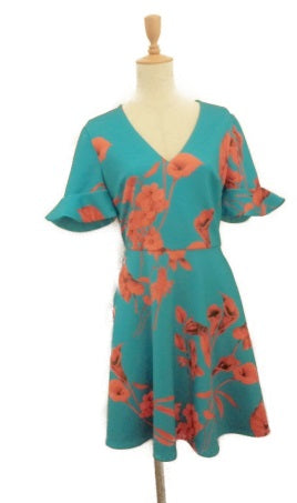 TED BAKER フラワー モチーフ ひざ丈 半袖 ワンピース 1 中古  テッドベーカー Sサイズ ブランド おしゃれ 花柄 レディース 夏