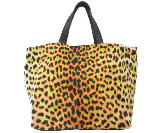 Just Cavalli ジャストカヴァリ キャンバス トートバッグ 中古  レオパード ヒョウ柄 オレンジ 大きめ 大容量 レディース