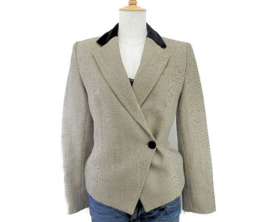 EMPORIO ARMANI エンポリオアルマーニ ウール テーラードジャケット 38 中古  チェック ベージュ レディース Mサイズ 肩パッド ブランド