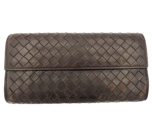 BOTTEGA VENETA ボッテガヴェネタ イントレチャート 二つ折り長財布 中古  150509 V001N 編み込み レザー ブラウン 茶 ブランド ウォレット