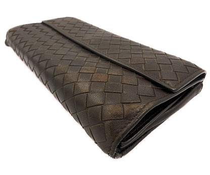 BOTTEGA VENETA ボッテガヴェネタ イントレチャート 二つ折り長財布 中古  150509 V001N 編み込み レザー ブラウン 茶 ブランド ウォレット