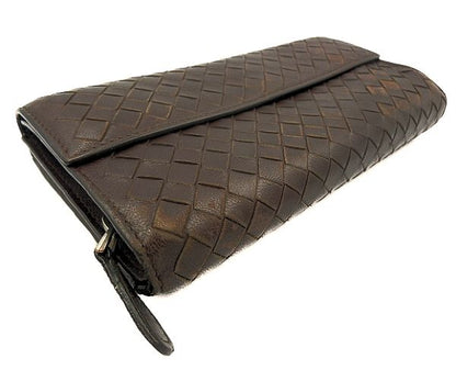 BOTTEGA VENETA ボッテガヴェネタ イントレチャート 二つ折り長財布 中古  150509 V001N 編み込み レザー ブラウン 茶 ブランド ウォレット