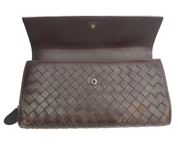 BOTTEGA VENETA ボッテガヴェネタ イントレチャート 二つ折り長財布 中古  150509 V001N 編み込み レザー ブラウン 茶 ブランド ウォレット