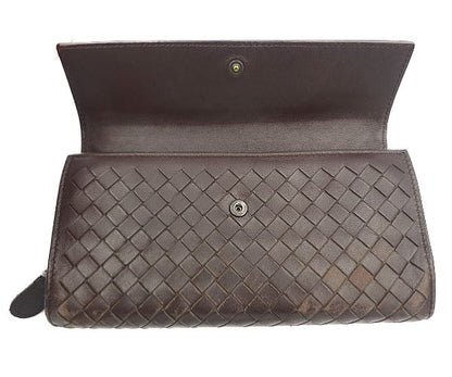 BOTTEGA VENETA ボッテガヴェネタ イントレチャート 二つ折り長財布 中古  150509 V001N 編み込み レザー ブラウン 茶 ブランド ウォレット