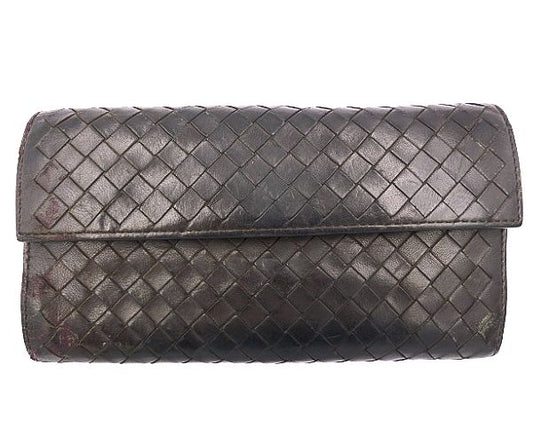 BOTTEGA VENETA ボッテガヴェネタ イントレチャート 二つ折り長財布 中古  B00439116L ダークブラウン 茶 レザー ウォレット 編み込み