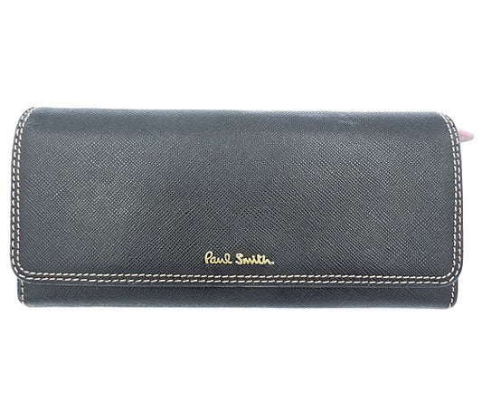 Paul Smith ポールスミス 二つ折り長財布 中古  ブラック 黒 ピンク レディース 無地 ウォレット