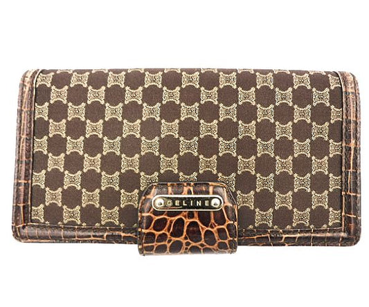 CELINE セリーヌ マカダム クロコ 型押し 二つ折り長財布 中古  WC-ST-0068 キャンバス レザー ウォレット ブラウン レディース