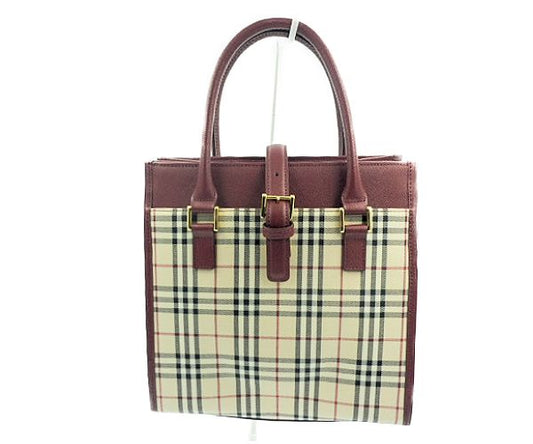 BURBERRY バーバリー キャンバス ハンドバッグ 中古  チェック ベージュ レッド ブランド 鞄 レディース おしゃれ