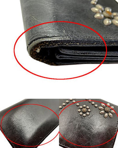 HTC エイチティーシー レザー 二つ折り長財布 中古  スタッズ フラワー 花 ブラック 本革 ウォレット