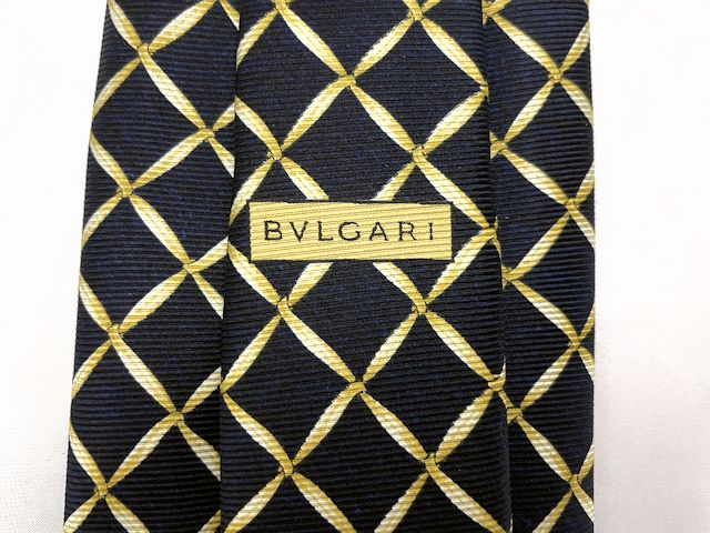 BVLGARI ブルガリ セブンフォールド シルク ネクタイ 中古  チェック 絹 100％ ブラック 黒 メンズ ビジネス ブランド
