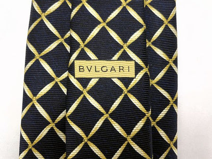 BVLGARI ブルガリ セブンフォールド シルク ネクタイ 中古  チェック 絹 100％ ブラック 黒 メンズ ビジネス ブランド