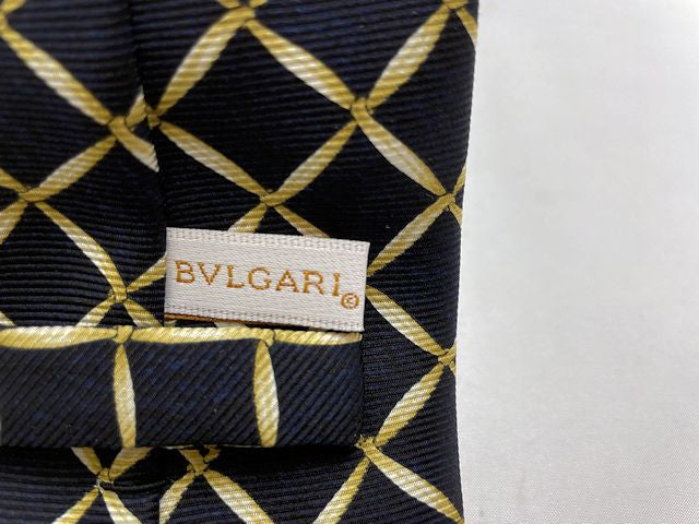BVLGARI ブルガリ セブンフォールド シルク ネクタイ 中古  チェック 絹 100％ ブラック 黒 メンズ ビジネス ブランド
