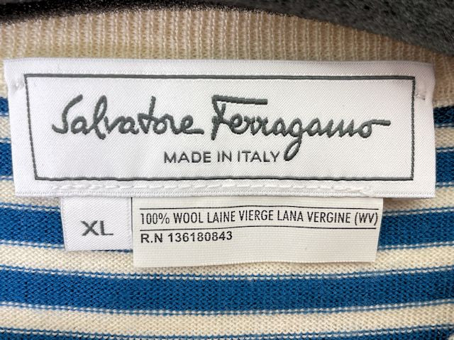 Salvatore Ferragamo サルヴァトーレフェラガモ ウール ニット Vネック セーター XLサイズ 中古  ボーダー ブルー アイボリー メンズ ブランド ハイゲージ 薄手
