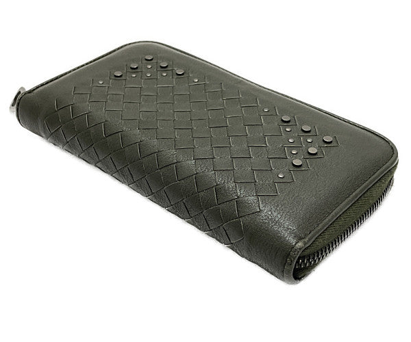 BOTTEGA VENETA ボッテガヴェネタ イントレチャート スタッズ ラウンドファスナー 長財布 中古  S01069201D カーキ メンズ 鋲 ウォレット ブランド おしゃれ