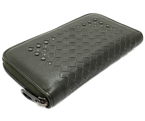 BOTTEGA VENETA ボッテガヴェネタ イントレチャート スタッズ ラウンドファスナー 長財布 中古  S01069201D カーキ メンズ 鋲 ウォレット ブランド おしゃれ