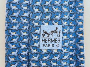 HERMES エルメス 鳥 小紋 シルク ネクタイ 中古 ブルー 青 ビジネス ブランド バード メンズ おしゃれ
