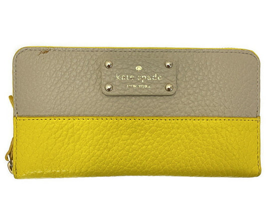 Kate spade ケイトスペード レザー ラウンドファスナー 長財布 中古  ベージュ イエロー ウォレット レディース ブランド