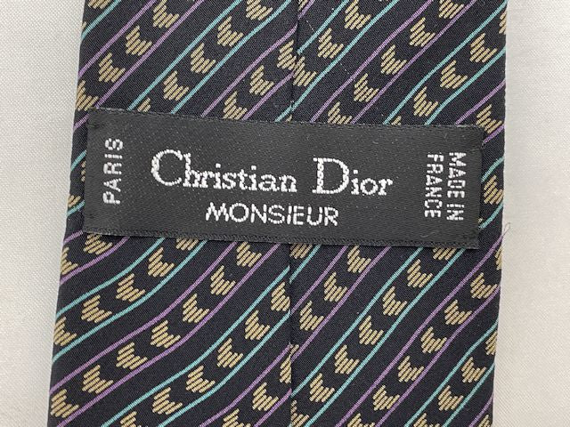 Christian Dior MONSIEUR クリスチャンディオール ムッシュ シルク ストライプ ネクタイ 中古 ブラック 黒 絹 100％ メンズ ビジネス ブランド スーツ