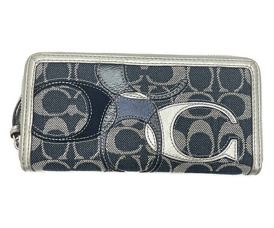 COACH コーチ パッチワーク デニム ラウンドファスナー 長財布 中古 シグネチャー ネイビー ウォレット レディース ブランド