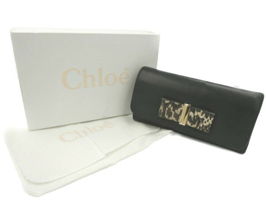 　Chloe/クロエ リリィ レザー 二つ折り長財布 中古 ブラック 黒 リボン ウォレット レディース