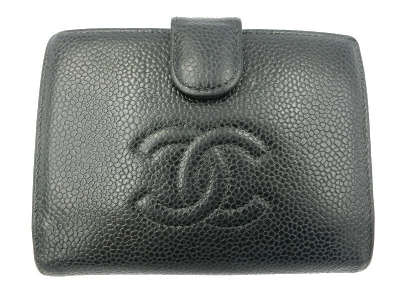 　CHANEL/シャネル キャビアスキン 二つ折り がま口 財布 中古 レザー ブラック 黒 CCマーク ロゴ