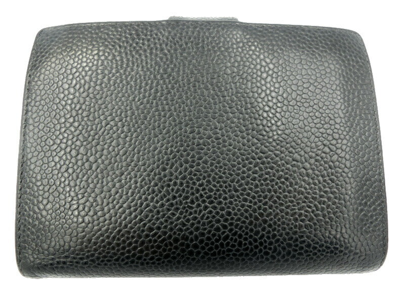 　CHANEL/シャネル キャビアスキン 二つ折り がま口 財布 中古 レザー ブラック 黒 CCマーク ロゴ