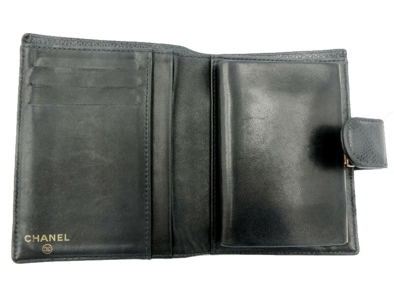 　CHANEL/シャネル キャビアスキン 二つ折り がま口 財布 中古 レザー ブラック 黒 CCマーク ロゴ