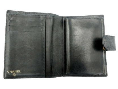 　CHANEL/シャネル キャビアスキン 二つ折り がま口 財布 中古 レザー ブラック 黒 CCマーク ロゴ