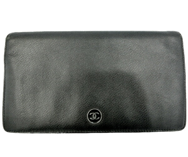 　CHANEL/シャネル ココボタン レザー 二つ折り長財布 中古 ブラック 黒 ウォレット ロゴ CCマーク