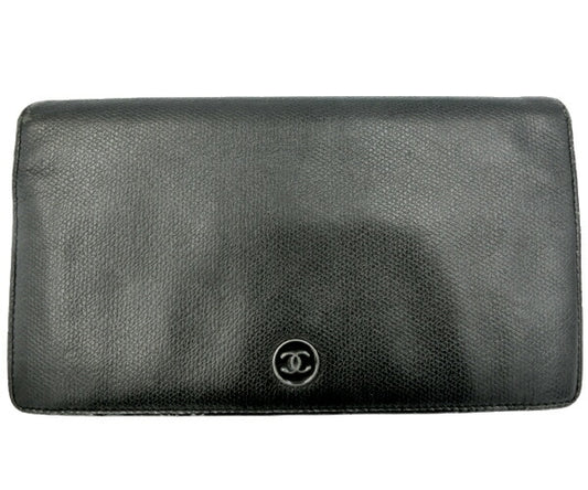 　CHANEL/シャネル ココボタン レザー 二つ折り長財布 中古 ブラック 黒 ウォレット ロゴ CCマーク