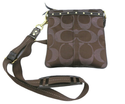 COACH/コーチ ラージシグネチャー クロスボディ ショルダーバッグ 中古 42100 ブラウン ピンク ロゴ ラメ 斜め掛け コンパクト