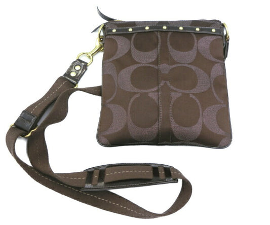 COACH/コーチ ラージシグネチャー クロスボディ ショルダーバッグ 中古 42100 ブラウン ピンク ロゴ ラメ 斜め掛け コンパクト